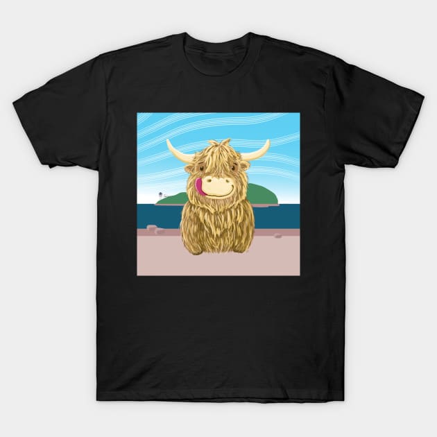 Scottish Highland Cow Visits Davaar Island T-Shirt by brodyquixote